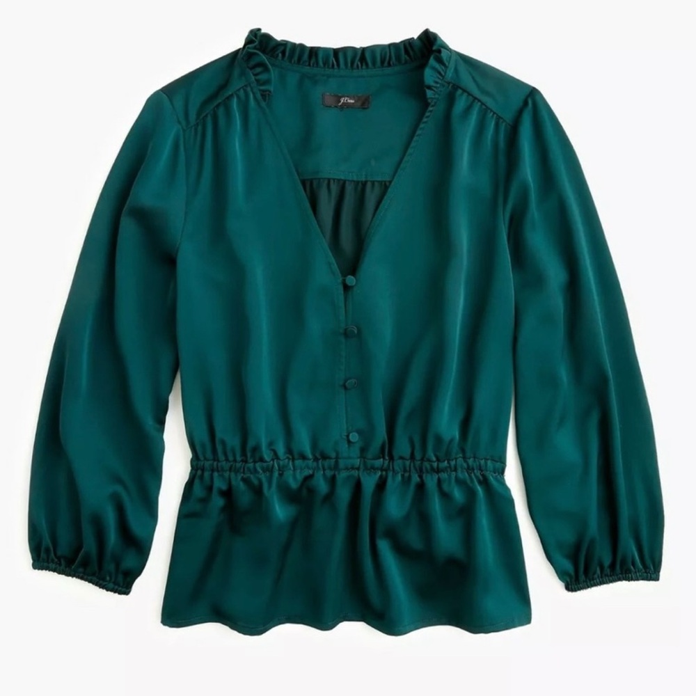 J. Crew Emerald Satin V-Neck Cinched Blouse